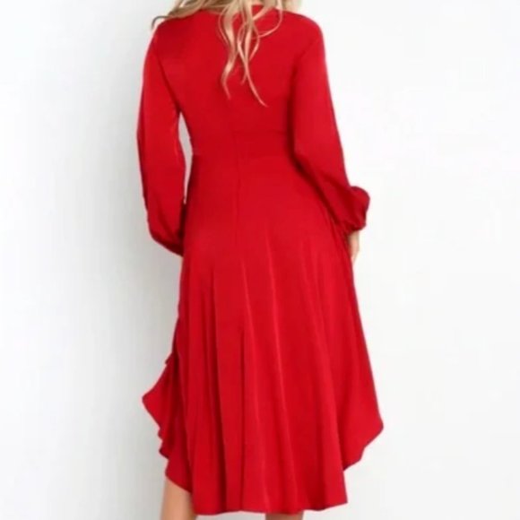 Petal + Pup Magnolia Long Sleeve Front Tie Hi-Low Midi V-Neck Dress Wine 6/Small - Picture 2 of 7